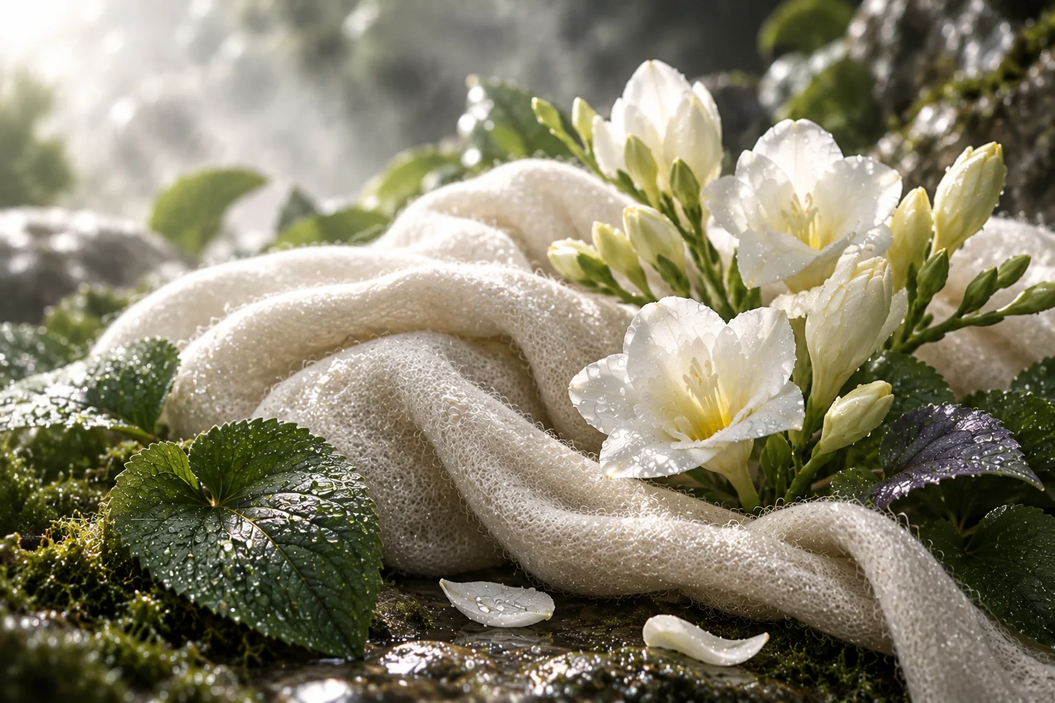White cashmere, freesia and violet leaf composition for PETRICHOR